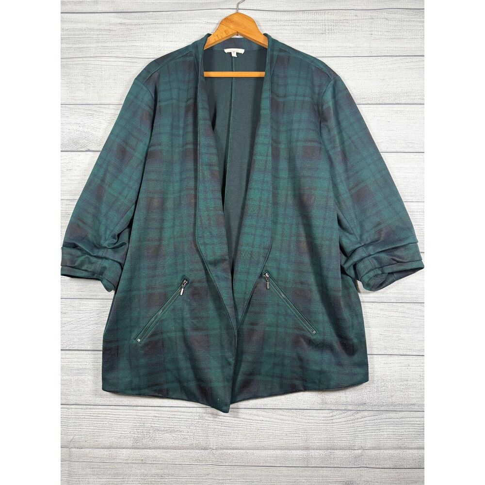 Maurices Womens 4X Green Navy Plaid Open Front Ruched Sleeve Blazer 4241